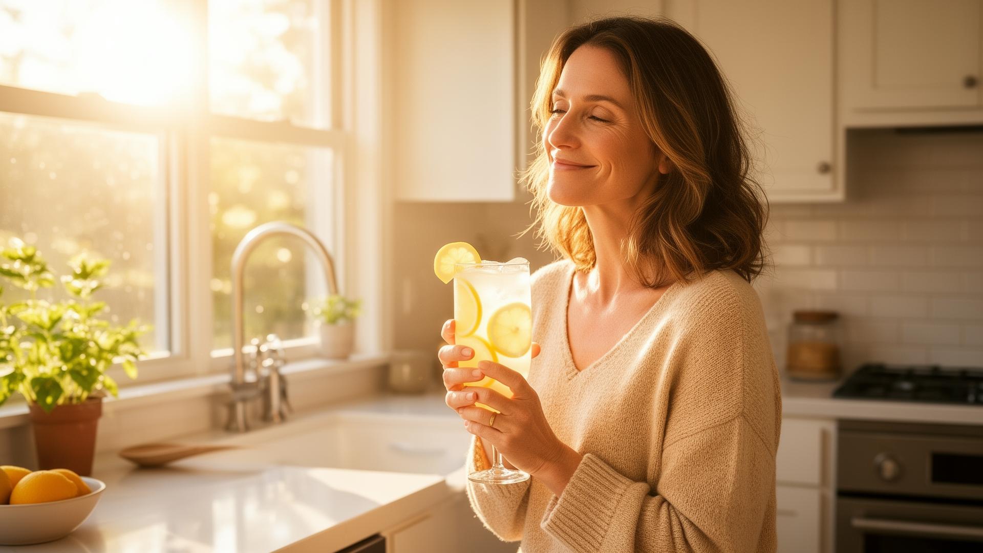 Happy woman in bright morning kitchen